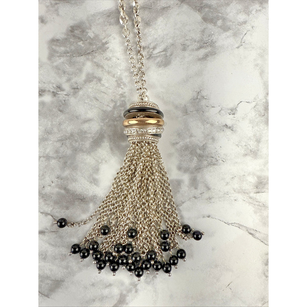 Brighton Neptune's Rings Long Fringe Tassel Necklace Silver Gold Black 36" Chain - Picture 2 of 6